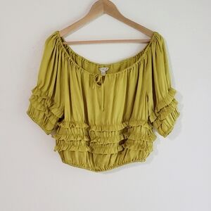 Camila Casual Ruffled Crop Blouse Medium Large Gold Yellow Chartreuse Green